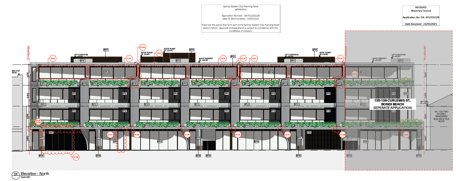Excerpt of the architectural plans from DA-381/2023/B, displaying the north elevation of the development. The picture shows an architectural drawing of how the finished building will look from the street.
